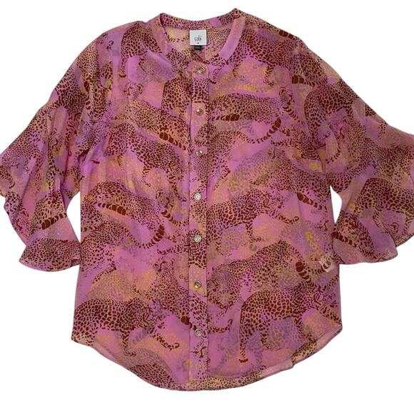 Cabi #5711 Minx Leopard Button-Down Blouse Flutter / Bell Sleeve Sheer Pink Sz M - Picture 2 of 9